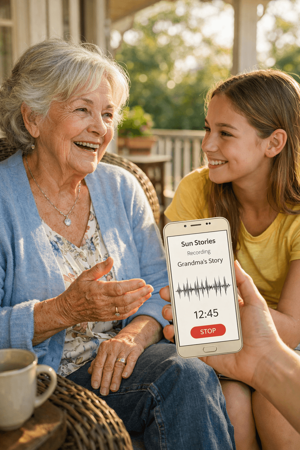 A grandmother and grandchild sharing a warm moment together on a sunlit porch