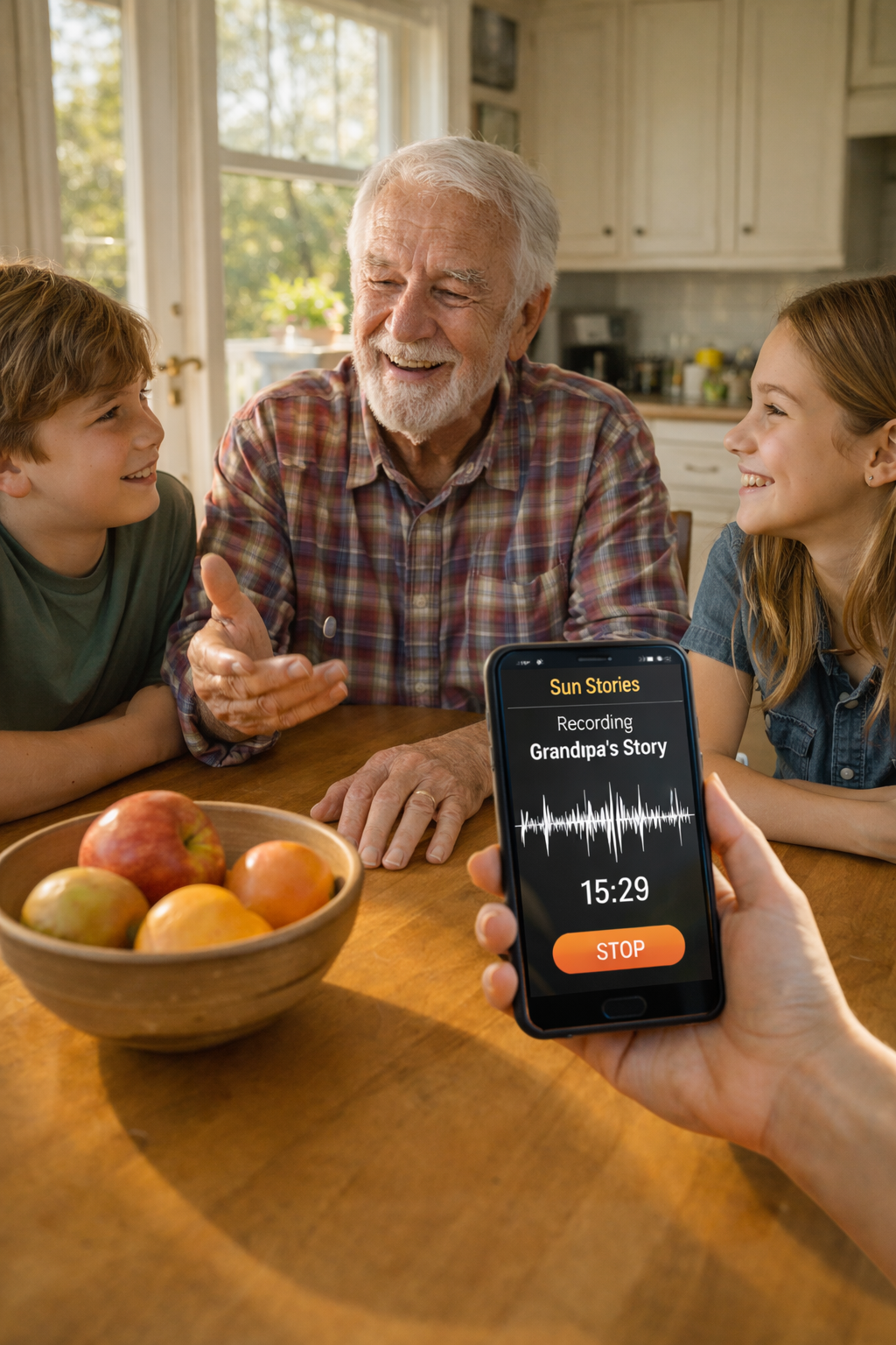 A well-worn family photo album open on a wooden table in warm afternoon light